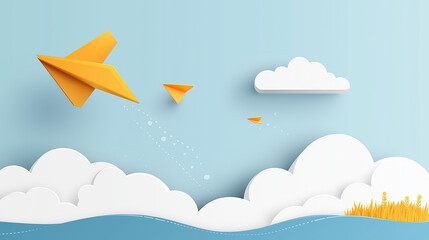School or children blue sky cloudy background. 3d flying yellow paper airplanes. Vector cartoon kids planes in air.