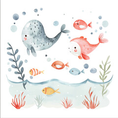 Obraz premium Adorable and Easy Watercolor Painting: Discover the Underwater World of Fish
