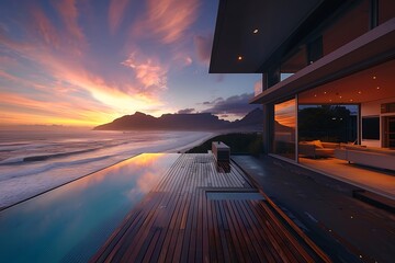 Obraz premium Stunning view of the swimming pool and terrace with wooden floor overlooking Cape Town's beach at sunset.