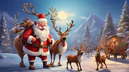 A cheerful winter scene featuring a jolly Santa Claus with a white beard and a red suit, holding a wrapped green gift box with a golden bow
