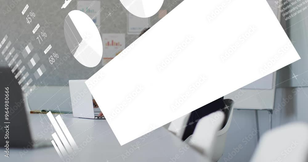 Poster animation of financial data processing over diverse colleagues discussing work in office