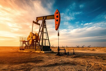 An oil pump jack operating in a vast oil field