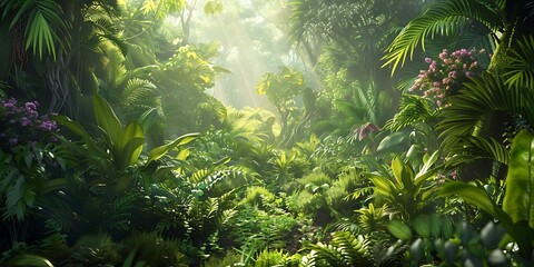 Naklejka premium Lush Rainforest Floor with Diverse Wildlife and Thick Foliage