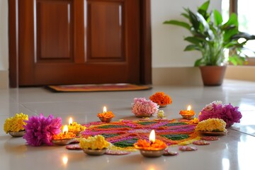 Beautifully decorated home entrance with rangoli, flowers, and diyas