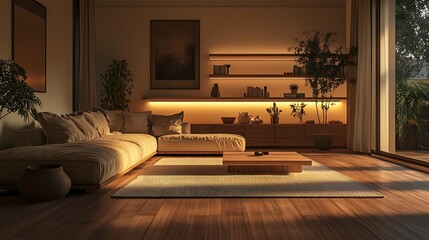 Calming Living Room with Wooden Floors, Natural Furniture, and Soft Lighting