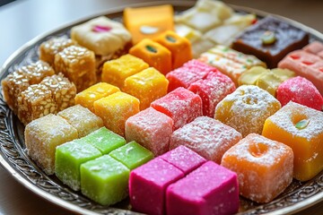 Colorful Deepavali sweets arranged on a decorative plate