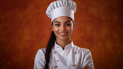 A smiling chef in a white uniform and hat, showcasing confidence and professionalism.