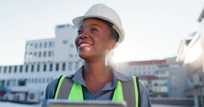 Engineering, tablet and thinking with black woman in city for project management, digital blueprint and planning. Architecture, technology and structural design with contractor for urban development