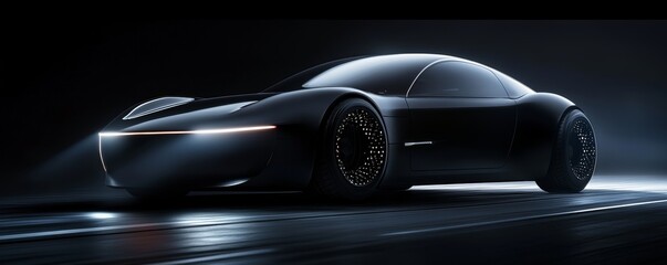 Obraz premium Sleek black futuristic car with glowing headlights, night scene. Modern transportation and technology concept