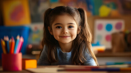 A smiling girl with pigtails in a classroom, surrounded by art supplies and colorful artwork.