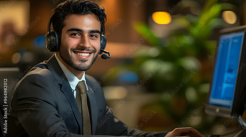 Poster a smiling man in a headset working at a computer in a professional setting.