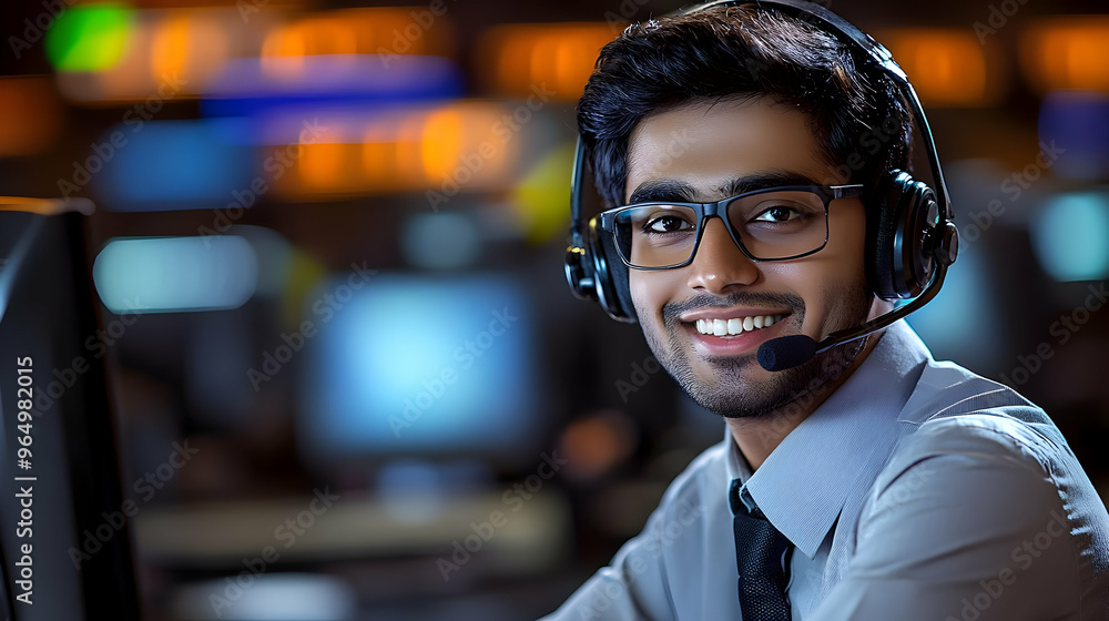 Poster a smiling man in a headset, working at a computer in a modern office environment.