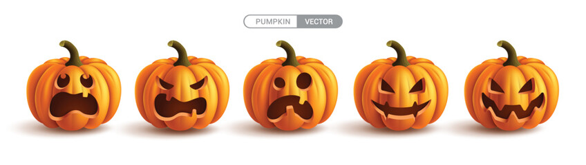 Halloween pumpkins orange set vector design. Pumpkins halloween in orange collection isolated in white background for horror celebration elements. Vector illustration spooky and creepy pumpkins.
