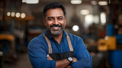Fototapeta premium A smiling man in a workshop, wearing an apron and arms crossed, exuding confidence.