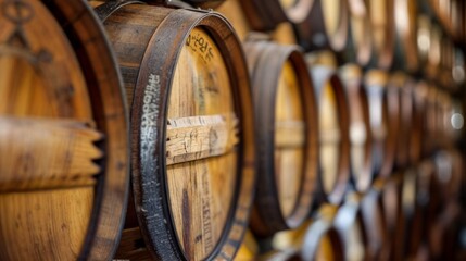 Close-up of a row of wooden barrels in a winery, emphasizing the craftsmanship and tradition of wine aging..