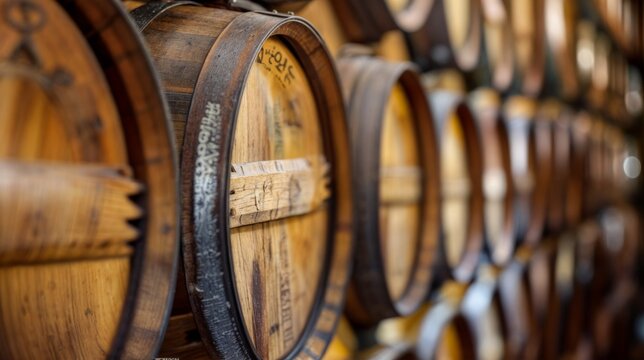 Close-up of a row of wooden barrels in a winery, emphasizing the craftsmanship and tradition of wine aging..