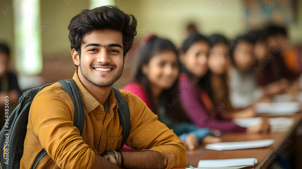 Poster a smiling student in a classroom with peers in the background, showcasing a lively learning environm