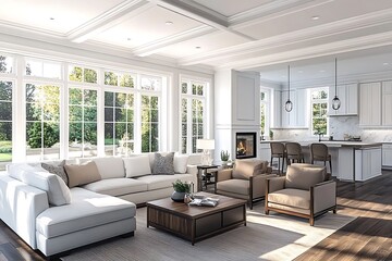 Beautiful living room and kitchen in new traditional style luxury home. Features vaulted ceilings, and elegant furnishings.