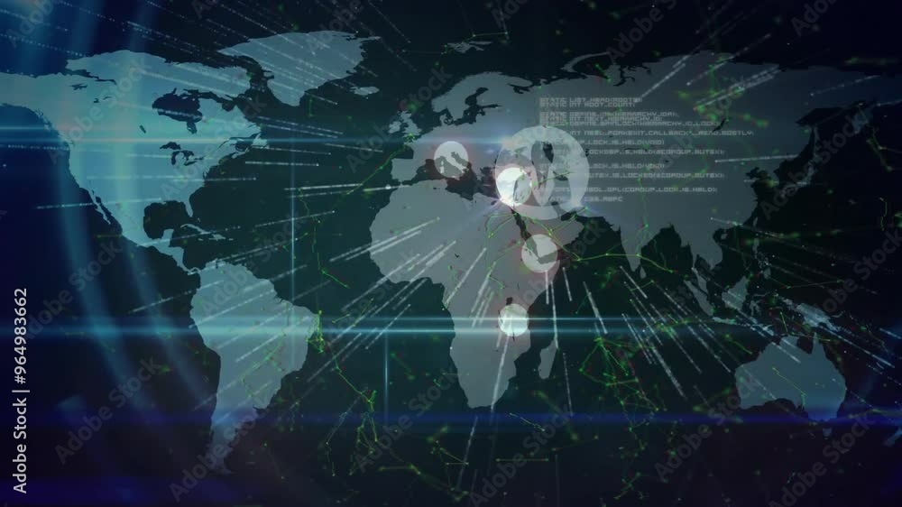 Poster animation of network of connections with icons over world map