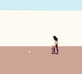 Mother guiding her child while walking follow white pigeon on the street. Spending time together in beautiful colorful autumn day.