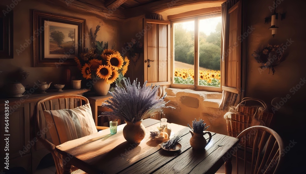 Wall mural beautiful provencial style breakfast nook, through the window you can see a field of sunflowers crea