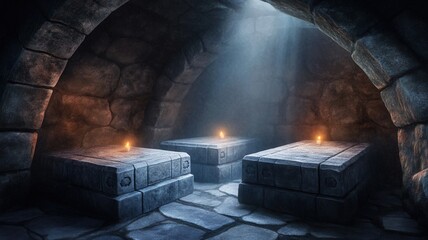 Dimly lit ancient stone crypt with three illuminated tombs, creating a mystical and eerie atmosphere.