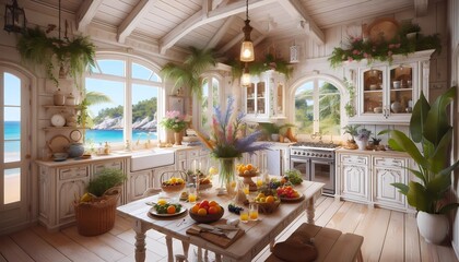 Fototapeta premium interior of restaurant, interior of a kitchen, cocina de casa en la playa estilo provenzal, A.I generativo