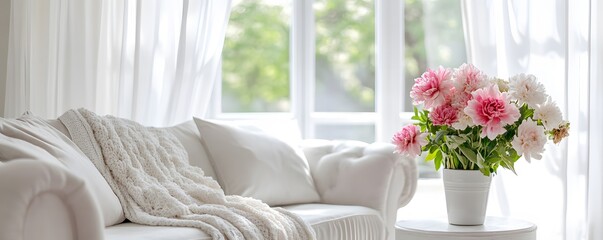 Pink Peonies in White Vase by a Window with a White Couch and Blanket
