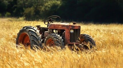An old, rusted tractor is parked in a golden wheat field. The tractor's paint is chipped and weathered, revealing patches of rust. The wheat field surrounds the tractor, with golden stalks swaying gen