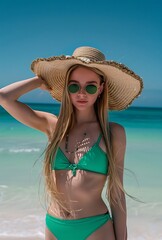 Young woman standing on a beach wearing bikini posing on the beach with clear blue water in the background.