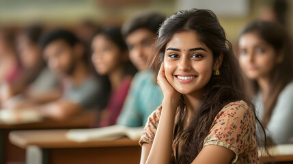 A smiling young woman in a classroom, engaging with peers in a learning environment.