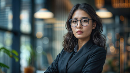 Obraz premium An Asian businesswoman or woman CEO posing in an office setting. Serious, no-nonsense expression. Wearing glasses. Arms folded.