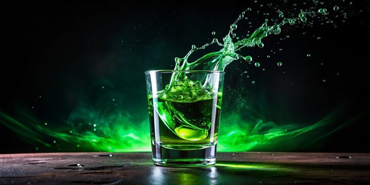 A vibrant green elixir suspended in mid-air, defying gravity as it glows against the mysterious darkness that surrounds