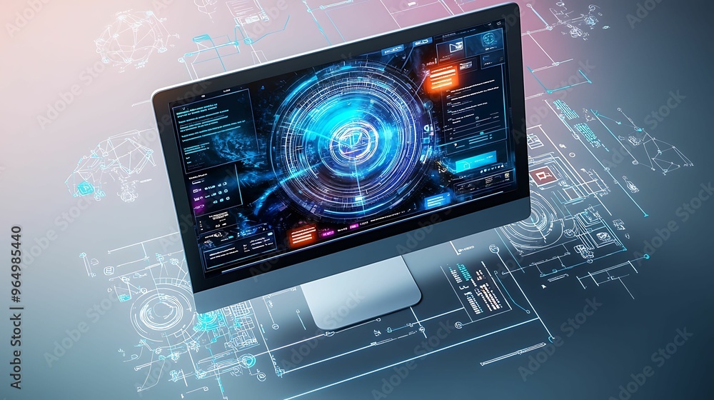Poster innovating technology: touchscreen computer with advanced usability features in doodle style on past