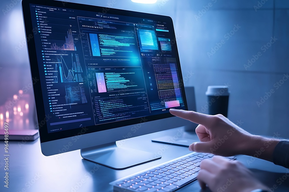 Poster immersive usability testing on touchscreen - digital painting with vibrant colors and sharp focus
