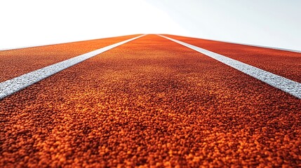 A low angle view of a red running track with two white lines in the center.