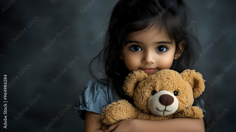 Poster A young girl embraces a teddy bear, showcasing innocence and affection.