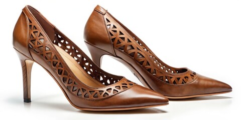 Fototapeta premium Brown leather high heels feature ornate cut-outs and a pointed toe, creating a striking contrast of texture and