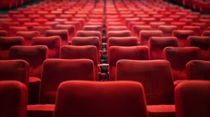 Fototapeta premium Empty Red Theater Seats in Auditorium - Stock Photography of Cinema Seating for Entertainment, Events, and Venues