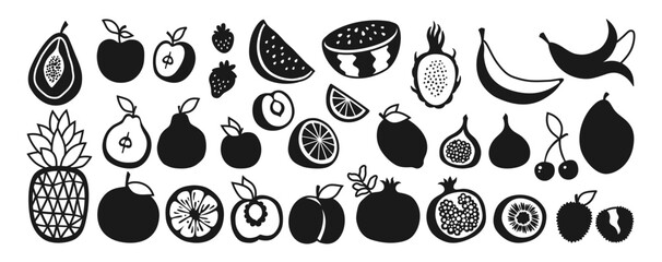 Fruits or berries symbol set. Sliced lemon orange apple pear, watermelon peach papaya fig pineapple dragon fruits kiwi mango banana pomegranate stencil. Vector sign drawn simple strawberry plum cherry