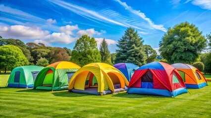 Colorful inflatable tents dot a lush green field on a sunny summer day, offering a vibrant and playful