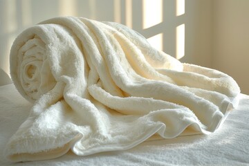 Crisp white towel elegantly draped on a white surface, capturing the essence of freshness and minimalism. Clean and modern concept