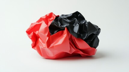 Crumpled Red and Black Paper Abstract Art on White Background
