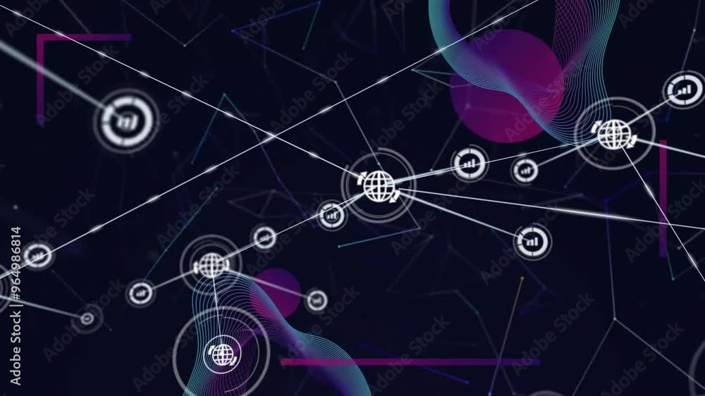 Poster animation of network of connections with globe icons over dark background