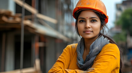 A young woman in a construction site wearing a hard hat, showcasing empowerment in industry.