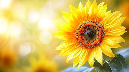 Fototapeta premium golden hour scene in a cornfield with a close-up of a vibrant sunflower, capturing the warm, tranquil essence of late afternoon light
