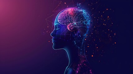 Profile View of a Woman's Face Looking at Purple Brain Hologram - Generative AI
