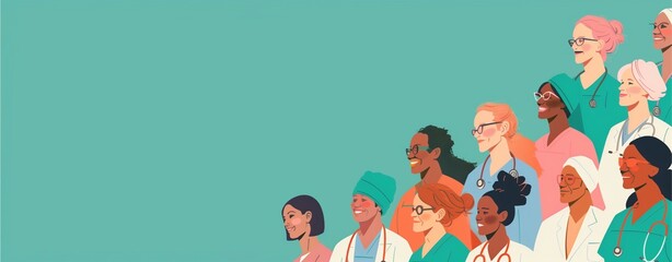 A group of doctors  is smiling  , illustrated in a fun and colorful cartoon style