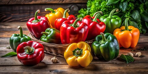 Crystalline peppers in shades of red, yellow, and green adorn a rustic wooden table, radiating warmth in a