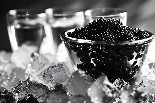 Vodka and Caviar: Shot glasses of vodka with caviar on ice